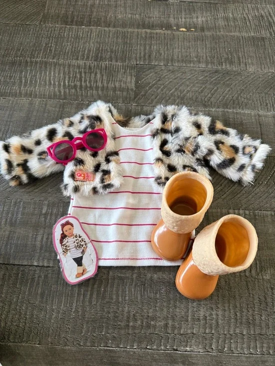 Our Generation Faux Fur Jacket & Striped Tee Doll Outfit with 🕶️ and boots - Picture 1 of 4